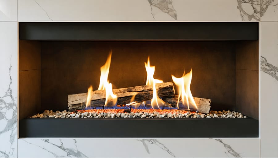 Modern gas fireplace installed in living room wall showing proper clearances