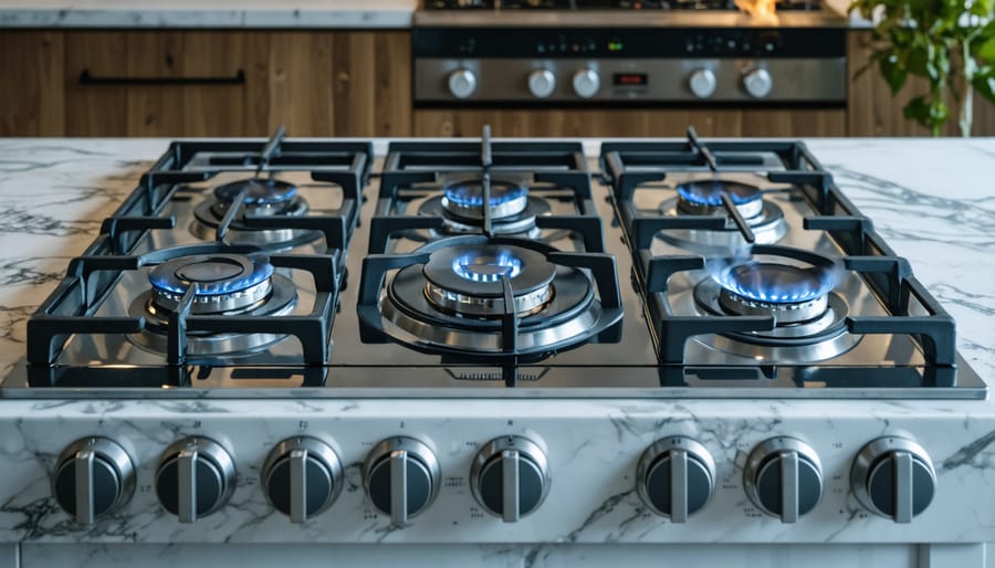 Glass-top electric stove with one burner element glowing red