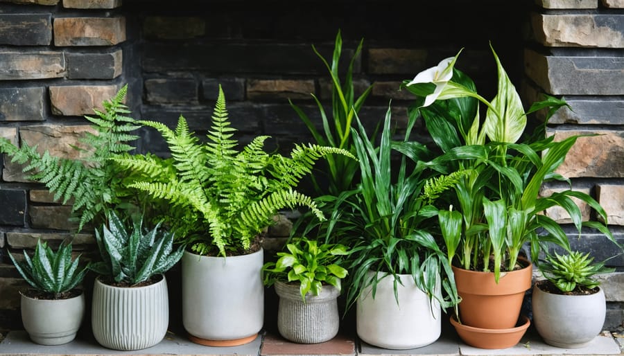 Air-purifying plants decoratively arranged around fireplace in sustainable planters