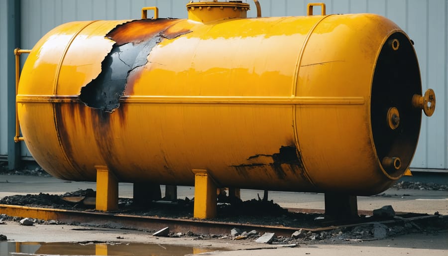 Damaged propane tank with visible heat deformation and surface discoloration