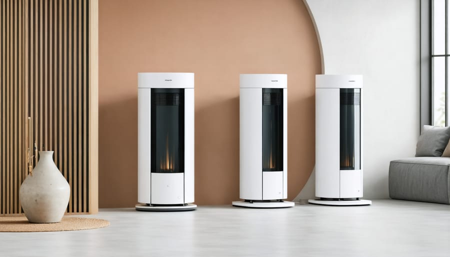 Comparison of three decorative heaters showing size and style variations in different room layouts