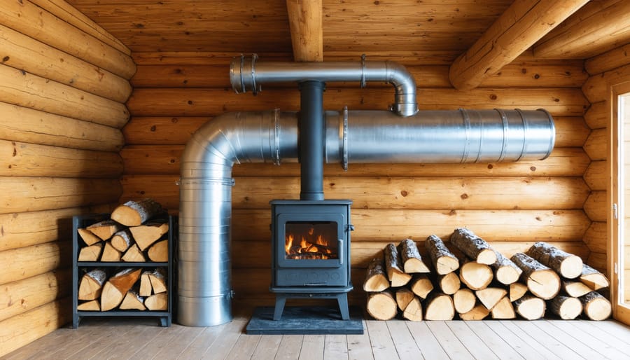 Insulated heating pipes connecting outdoor wood stove to house