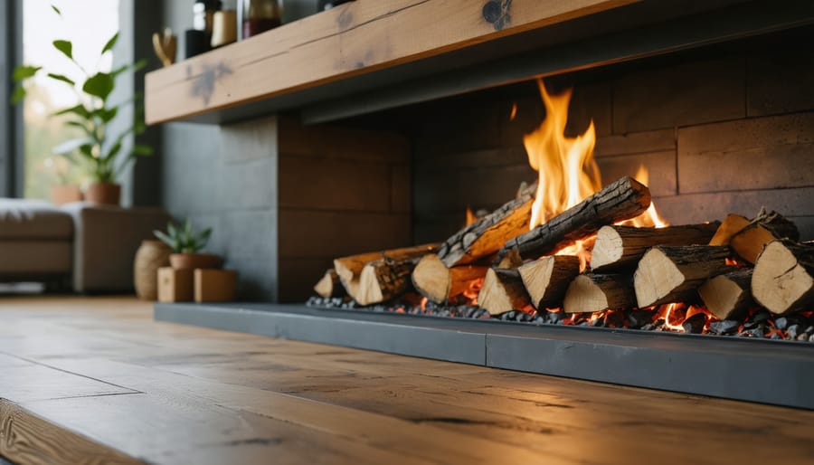 "Stylish high-efficiency wood-burning fireplace in a cozy living room, featuring traditional charm and modern technology, photographed in soft natural light."