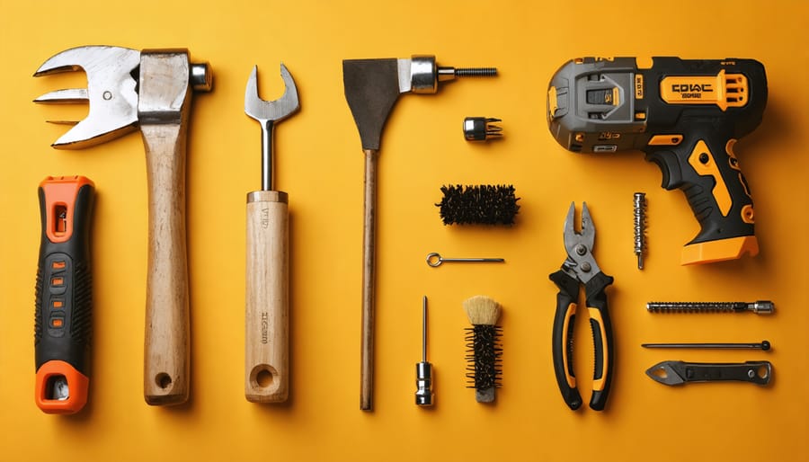 Organized display of tools needed for fireplace insert repair including screwdrivers, gasket cement, and replacement parts