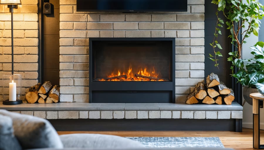 Electric fireplace insert with glowing flames installed in traditional brick fireplace