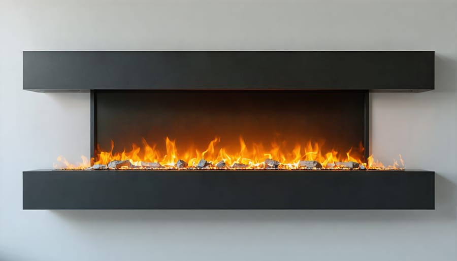 Living room scene with two-sided electric fireplace providing ambient lighting and warmth
