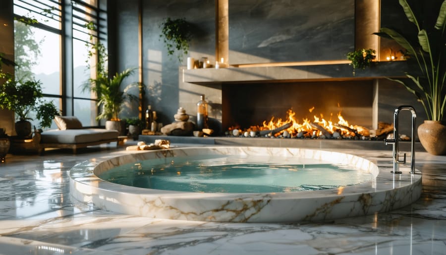 "Modern bathroom with a see-through fireplace connecting to another room, warm lighting, and elegant decor."