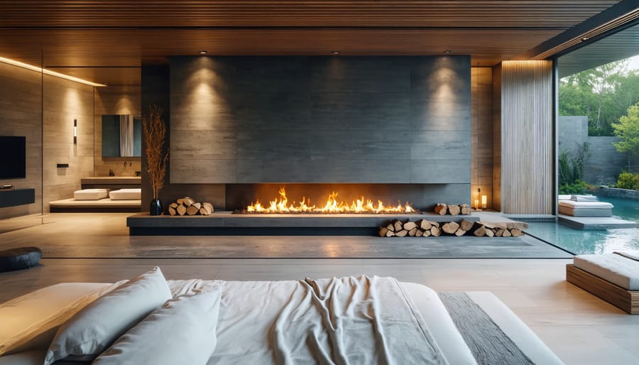 Modern bathroom featuring a see-through fireplace connecting to bedroom