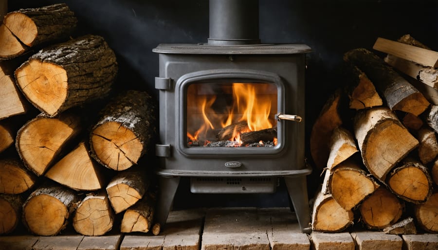 Wood stove with visible flames through glass door, installed in brick surround