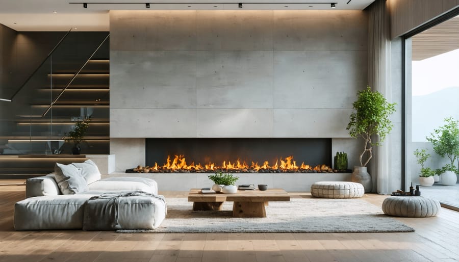 Person measuring wall space with tape measure for gas fireplace installation