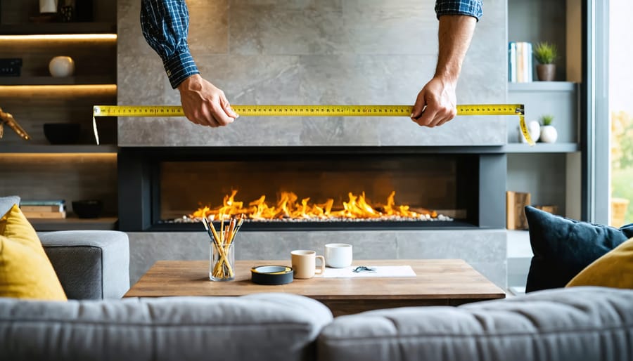 Installer measuring the wall opening around a built-in direct vent gas fireplace in a modern living room, tape measure extended, with warm natural light and fireplace glow.