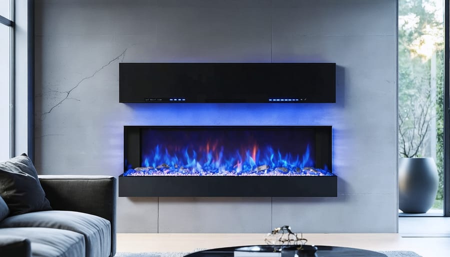 Sleek wall-mounted electric fireplace displaying realistic blue flames against a minimalist white wall
