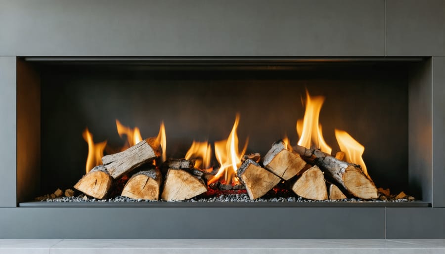 Modern wood burning fireplace insert with visible flames behind glass door