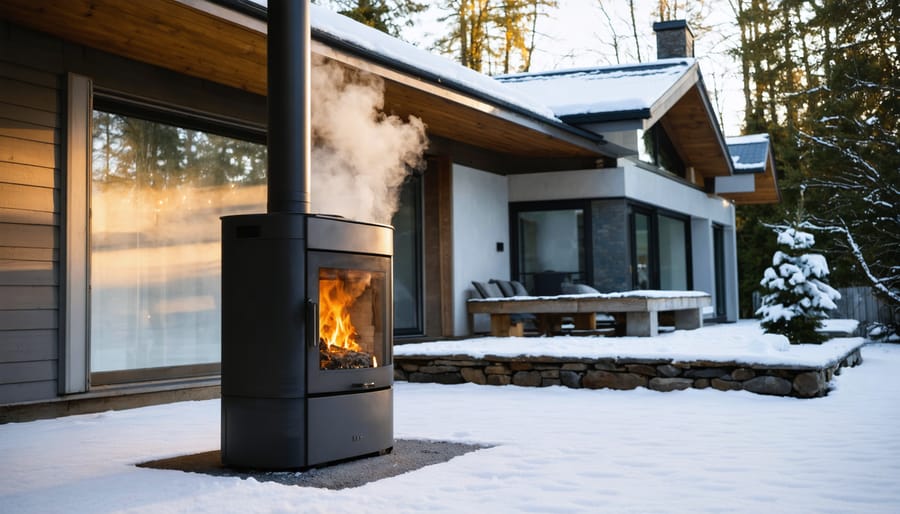 "Modern outdoor wood stove near a snow-covered house, steam rising from the chimney in winter setting."