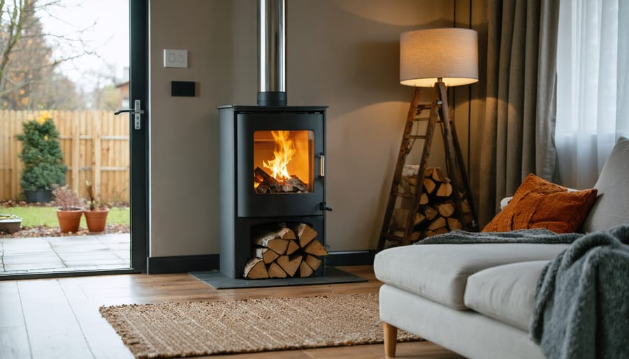 "A modern wood pellet stove with a vertical stainless steel vent pipe installed in a cozy living room."