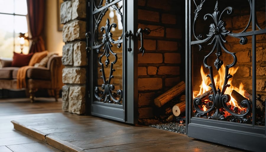 "Close-up of ornate wrought iron fireplace doors with intricate patterns, set against a modern gas fireplace and a cozy living room background."