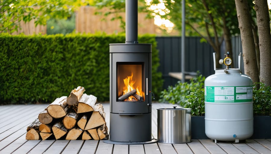 "Outdoor heater displayed with firewood, a propane tank, and a natural gas line, in a cozy patio garden setting."