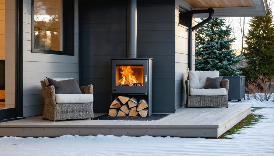 Outdoor wood stove with steam rising from chimney near snow-covered house