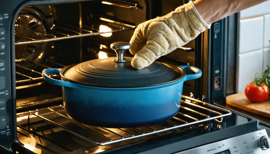 Hand in an oven mitt sliding an enameled cast iron Dutch oven with a stainless steel lid knob onto an oven rack, warm oven light and a blurred modern kitchen in the background.