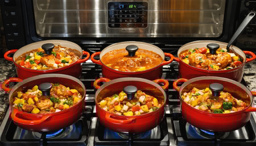 Person removing covered pot with one-pot meal from oven in home kitchen