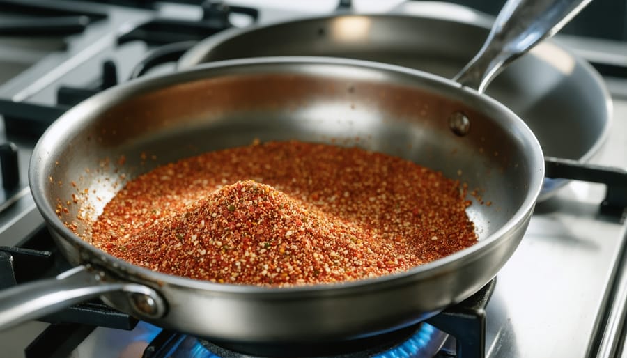 Hands seasoning a stainless steel pan with oil using paper towel