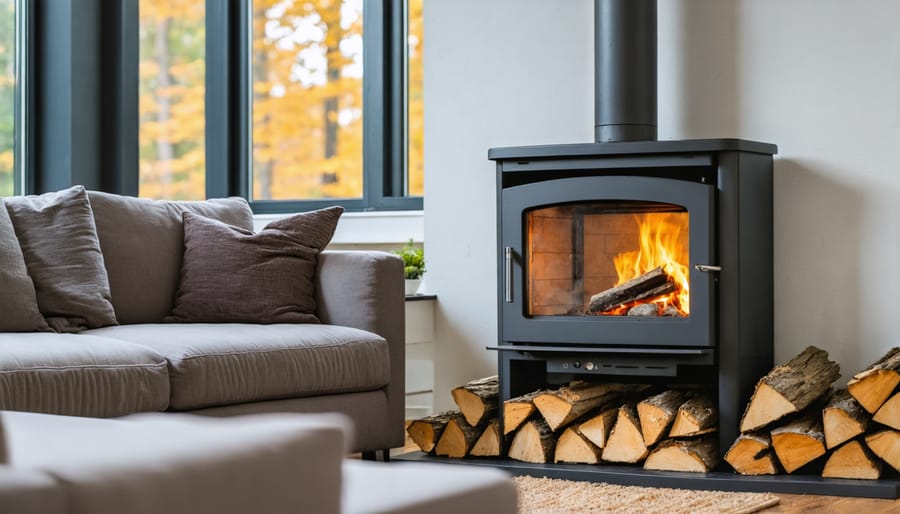 Wood pellet stove installed in home with vertical stainless steel vent pipe