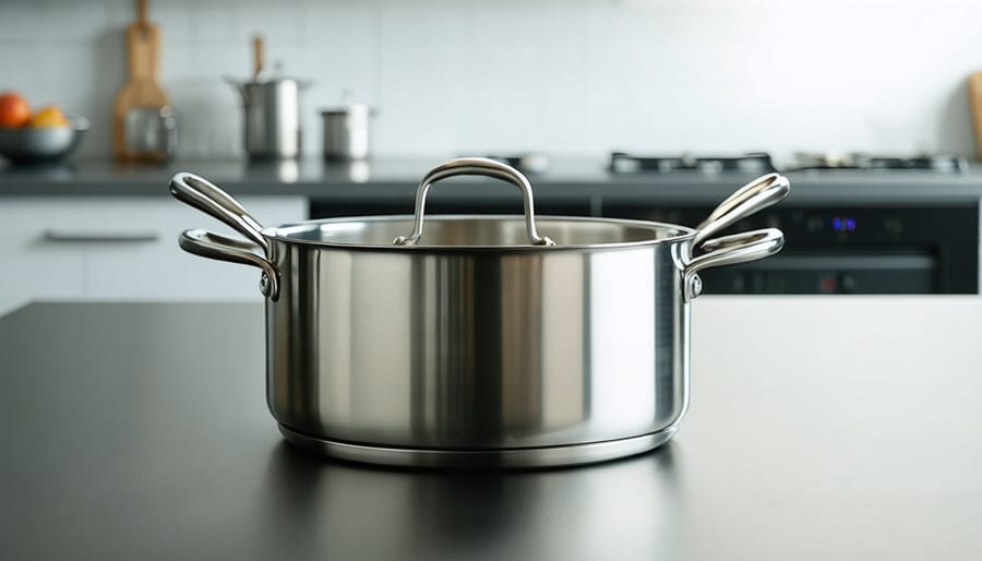 "Close-up of a gleaming stainless steel saucepan with a polished finish on a blurred kitchen countertop."