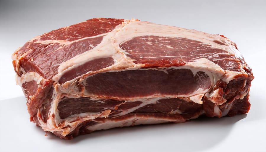 Raw pork shoulder showing marbling on wooden cutting board