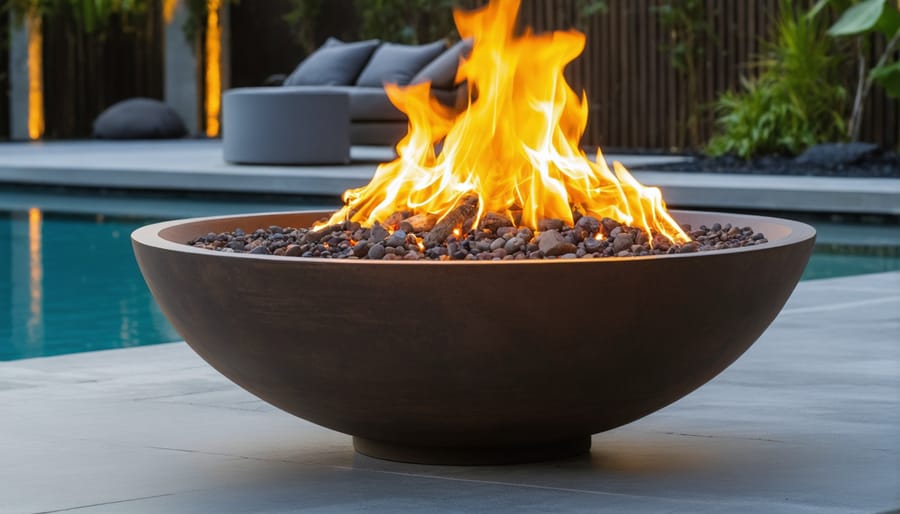 Modern portable fire bowl on deck with flexible seating arrangement