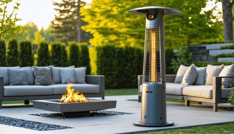 Stainless steel outdoor propane heater glowing at dusk