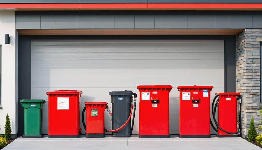 Safe residential fuel storage setup with approved containers on ventilated shelving