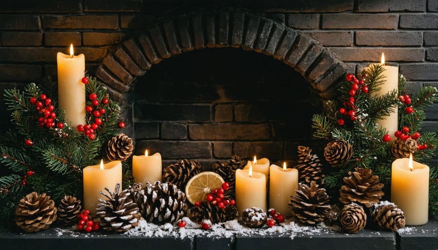 Natural seasonal fireplace decoration with eco-friendly lighting