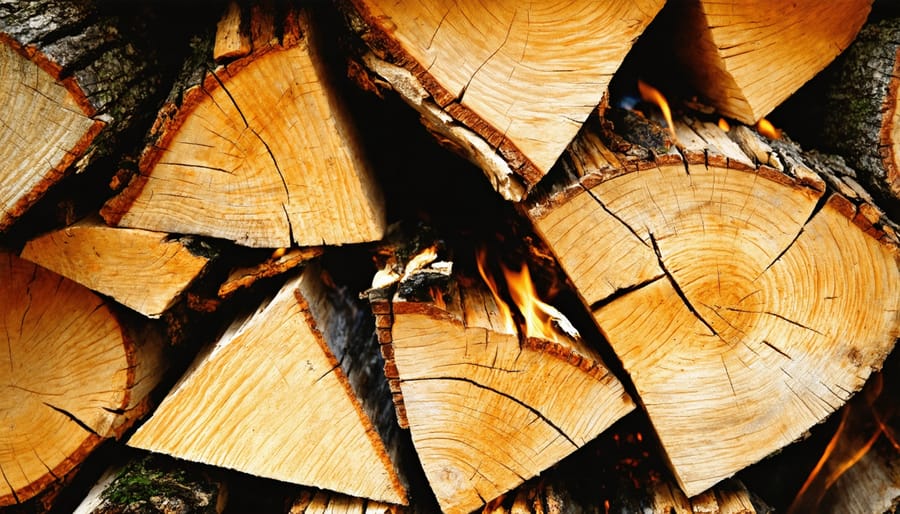 Neatly stacked split firewood in covered outdoor storage area