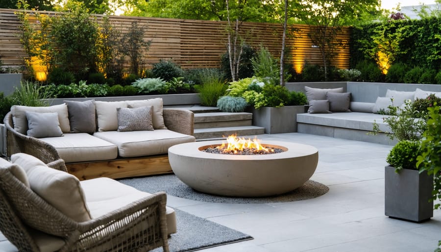 "A small backyard with a fire pit setup, seating, and greenery, featuring a cozy and stylish ambiance."