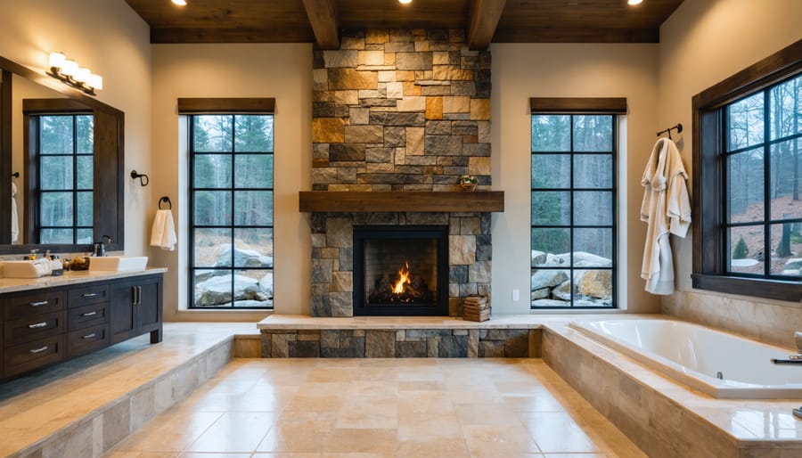 Luxurious bathroom with stone fireplace and freestanding tub