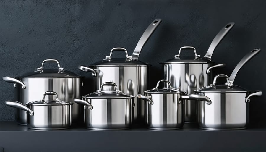 Close-up of polished stainless steel cookware surface with reflective finish