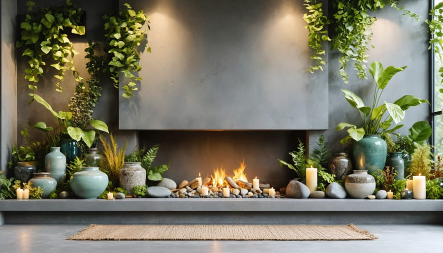 Eco-friendly fireplace design featuring a reclaimed wood mantle, handmade pottery, natural stones, and ambient LED lighting.