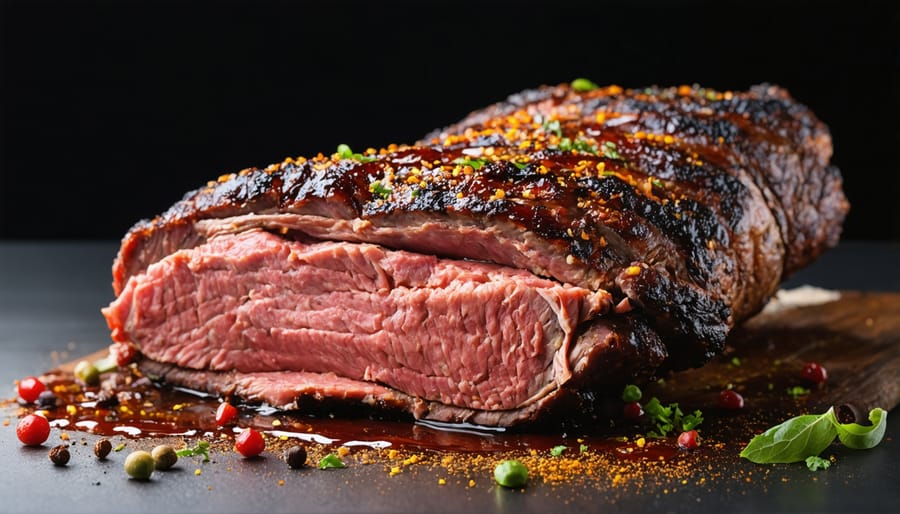 Digital thermometer measuring temperature of smoked pork shoulder with dark bark