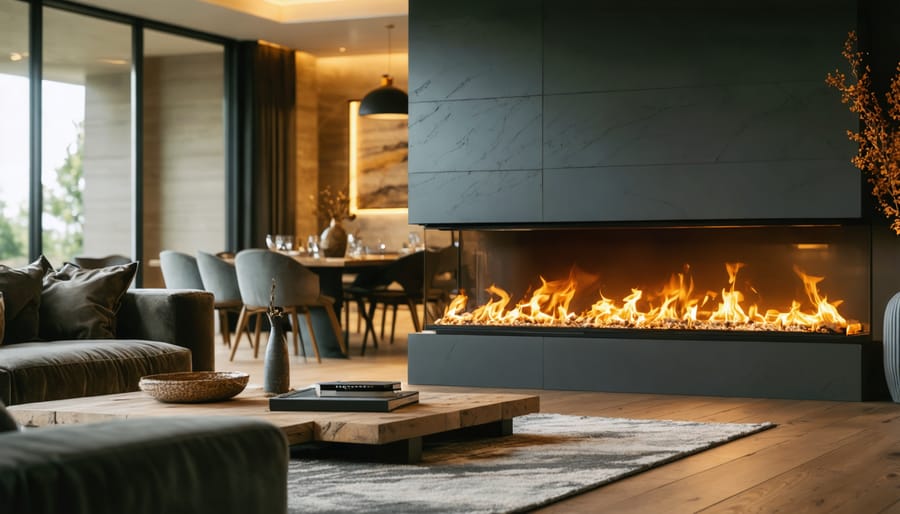 "A modern 2-sided electric fireplace dividing a living room and dining area, with warm flames and contemporary furnishings."