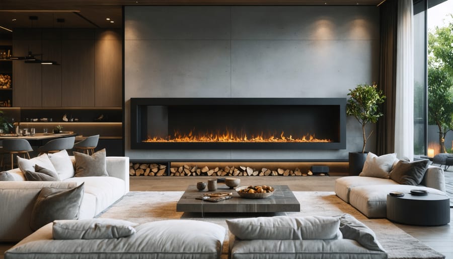 Modern two-sided electric fireplace dividing living and dining areas with visible flames on both sides
