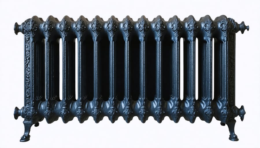 Decorative cast iron radiator featuring intricate Victorian scrollwork and bronze finish