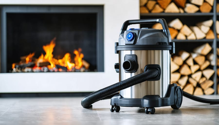 "Metallic warm ash vacuum with reinforced hose displayed against a softly blurred fireplace background."