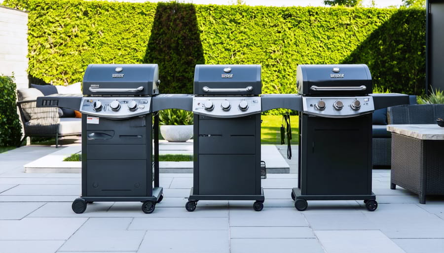 Three Weber Q series gas grills on display in a modern outdoor patio setting, illustrating size and design differences from the Q1000 to Q3000 models.