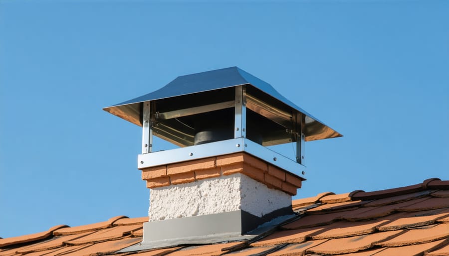 Snow-covered chimney with protective directional cap during winter weather