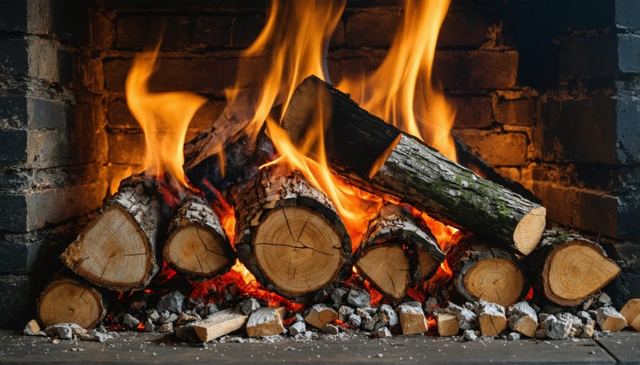 Interior view of outdoor wood stove firebox showing grates and construction