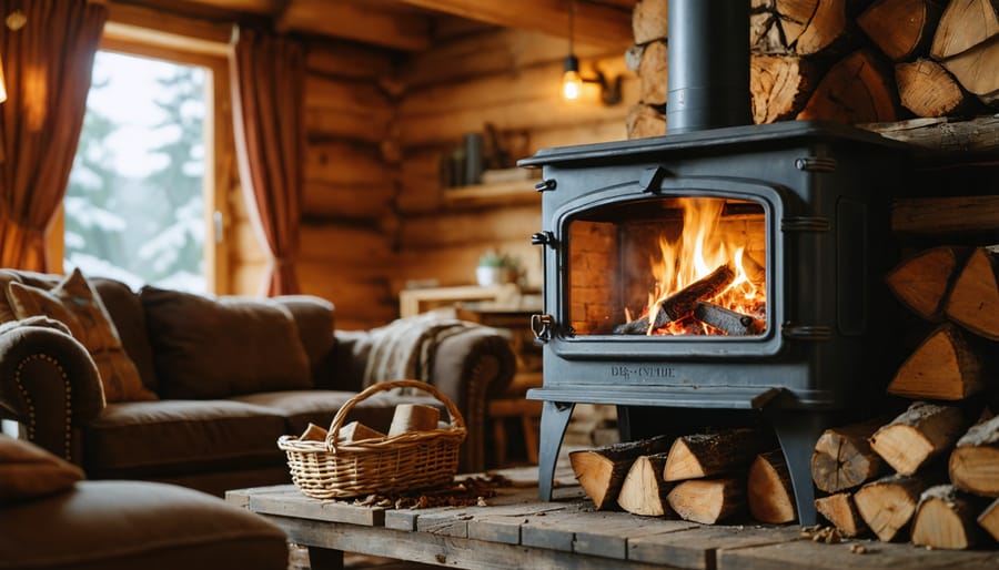 "Close-up of a lit wood stove in a cozy living room, with glowing embers visible inside and a blurred background of the room."