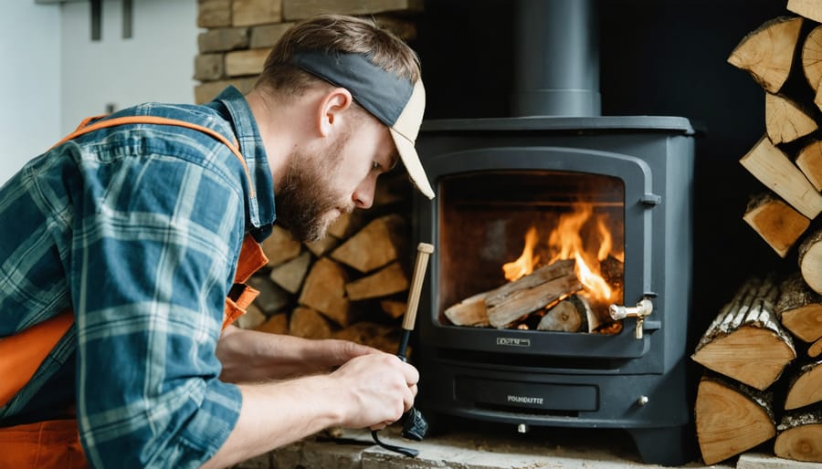 Technician performing maintenance inspection on installed wood stove