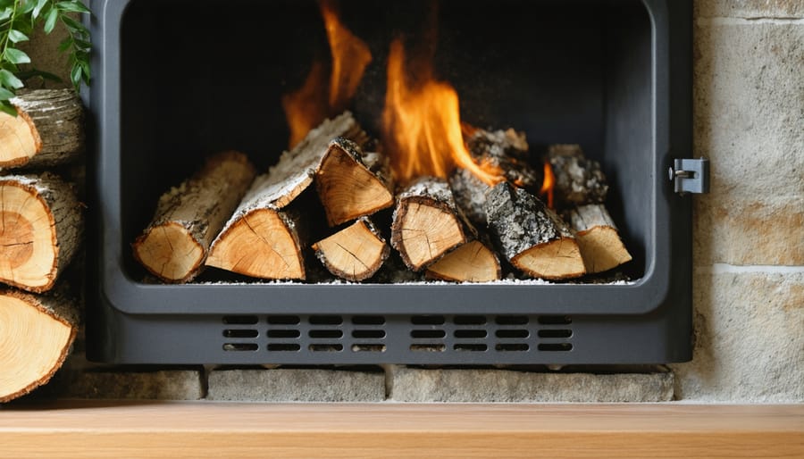 Close-up view of wood stove's double-wall construction and safety features