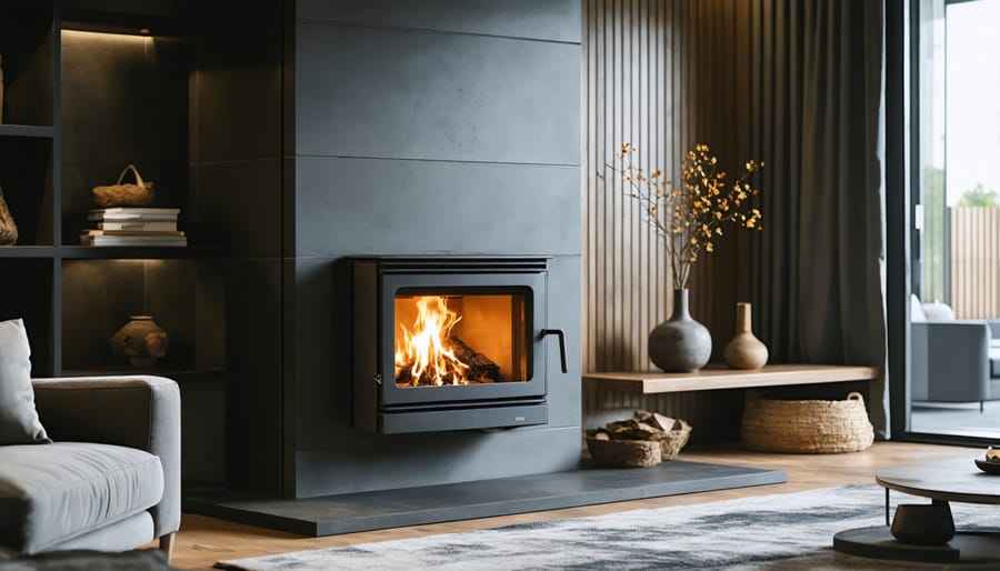 Modern zero clearance wood stove installed in living room corner with visible flames