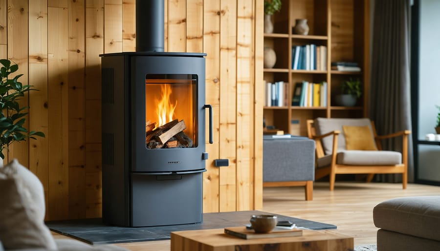 "Modern zero-clearance wood stove installed against a wooden wall in a cozy living room."